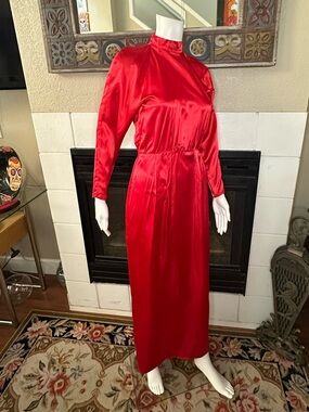 Vtg 80s Red Handmade Satin Party Gown Glam Rock Disco Dress High Neck XS/S